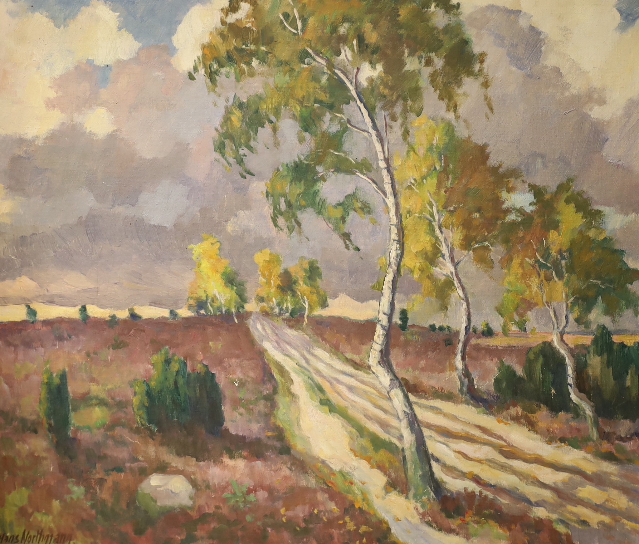 Hans Northmann (German, 1883-1956), oil on board, Birch trees in a landscape, 60 x 70cm, and an abstract gouache, initialled JMS, 44 x 58cm